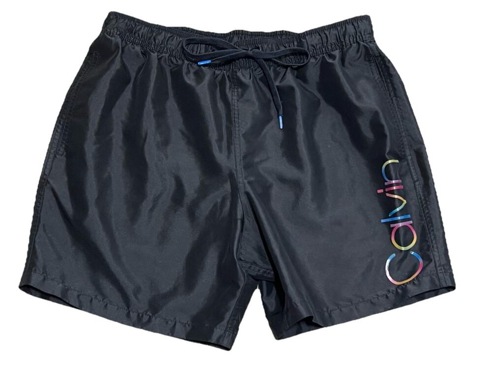 CALVIN KLEIN Rainbow Logo Swim Trunks Mens Large Liner Black Shorts Swimwear